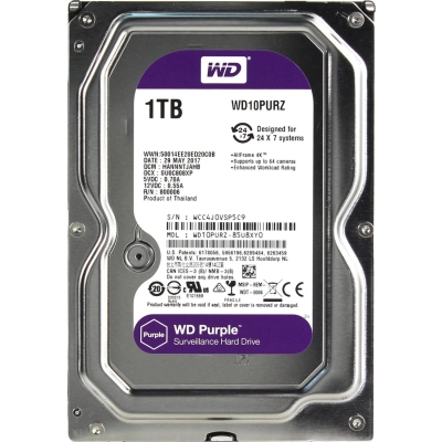 HDD 3.5 1.0TB IntelliPower SATA3 64MB WD Purple (WD10PURZ) 24/​7, для систем наблюдения (до 64 камер), AllFrame 4K уменьшает потери кадров