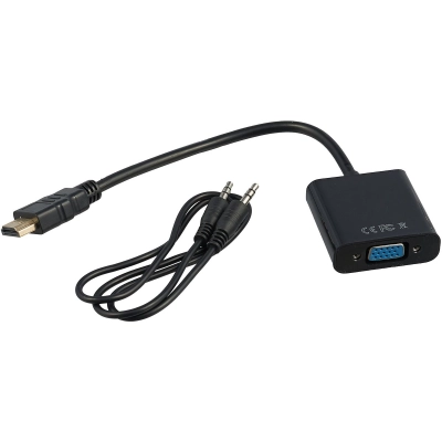 Конвертер HDMI-1.4a (папа) - D-SUB/VGA (мама) + Audio stereo (mini-jack 3.5 mm), кабель 15 см, 1920x1200(1080)@60Hz, Cablexpert A-HDMI-VGA-03