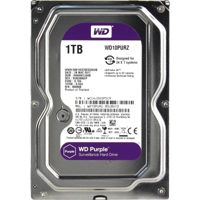 HDD 3.5 1.0TB IntelliPower SATA3 64MB WD Purple (WD10PURZ) 24/7, для систем наблюдения (до 64 камер), AllFrame 4K уменьшает потери кадров
