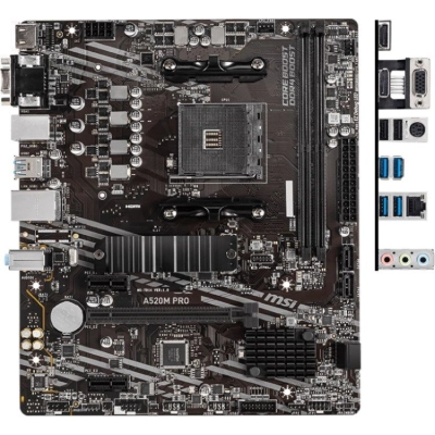Материнская плата MSI A520M PRO, AMD A520, 2xDDR4-4600, HDMI/​DP/​VGA, 1xPCI-Ex16, 2xPCI-Ex1, 4xSATA3, 1xM.2, Glan, 6xUSB2.0, 6xUSB3.2, 1xPS/​2