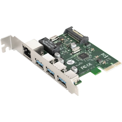 Контроллер сетевой ExeGate EXE-361 EX283714RUS (PCI-E x1 v2.0, 3*USB3.0 ext. + LAN UTP 1000Mbps, разъем доп.питания, Chipset VL805 + RTL8153B)