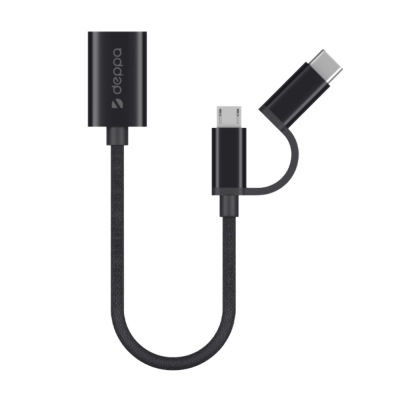 OTG адаптер USB - micro USB + USB-C, алюминий, нейлон, 0.15 м, черный, DEPPA, 72319