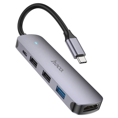 Хаб Type-C - USB Hoco HB27 HDTV+USB3.0+USB2.0*2+PD (metal gray) (213892)