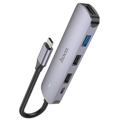 Адаптер HOCO HB27 Type-C multi-function converter(HDTV+USB3.0+USB2.0*2+PD) (серый)