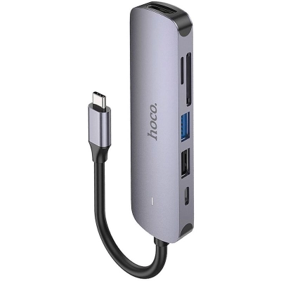 Адаптер HOCO HB28 Type-C multi-function converter(HDTV+USB3.0+USB2.0+SD+TF+PD) (серый)