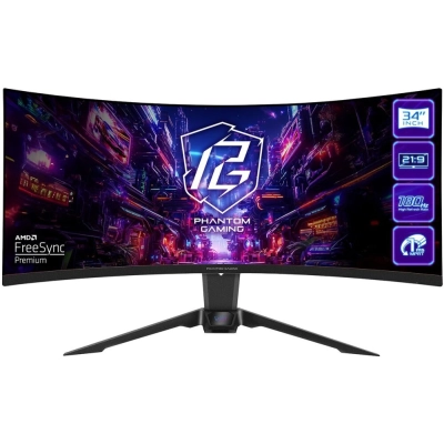 Монитор ASRock Phantom Gaming PG34QRT2B Black (34 VA, 3440x1440, 2xHDMI+2xDP, 1 ms, 178град./178град., 500 cd/m, 3000:1, 180Hz, HDR400, MM, Curved 1500R, Hei