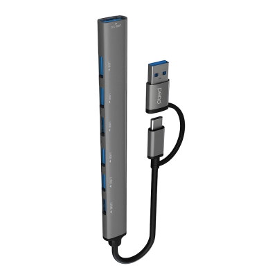 Мульти Хаб PERO MH04, USB-С/USB-A TO USB 3.0 + 6xUSB 2.0, серый