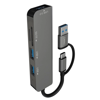 Мульти Хаб PERO MH05, USB-С/USB-A TO SD + TF + USB 3.0 + 2xUSB 2.0, серый