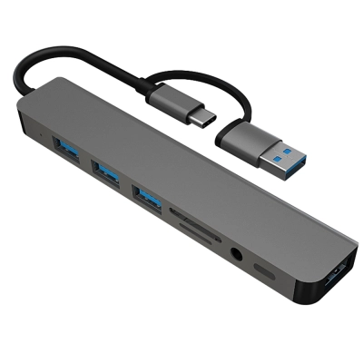 Мульти Хаб PERO MH07, USB-С/USB-A TO SD + TF + AUX 3.5 MM + USB-C + USB 3.0 + 3xUSB 2.0, серый