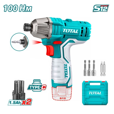 Аккумуляторный винтоверт TOTAL TIRLI12015 Li-ion 12V, 1.5Ah кейс, 2 аккумулятора, набор бит (5шт/кор)