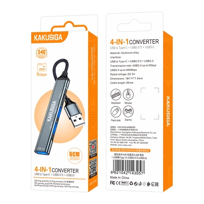 USB HUB KAKUSIGA KSC-1416 4 in 1 на 3 USB + 1 USB-C black