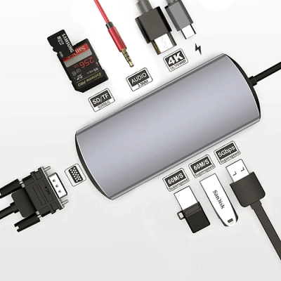 Контроллер DeTech 9 in 1. Type C to PD+HDMI+VGA+DC3.5mm+USB3.0*1+USB2.0*2+SD+TF(box)