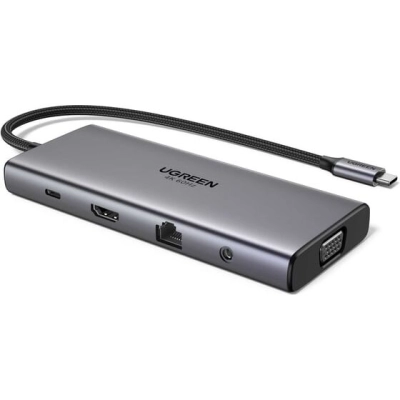 Конвертер UGREEN CM639 (45520) 11-in-1 4K 60Hz 2xUSB-C 3.2+USB-A 3.2+USB-A 3.0+HDMI+VGA+RJ45 Gigabit+SD/TF+AUX3.5mm+PD Converter серый