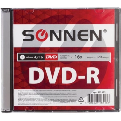 Диск DVD-R SONNEN 512575, 4,7Gb, 16x, Slim Case (1штука)