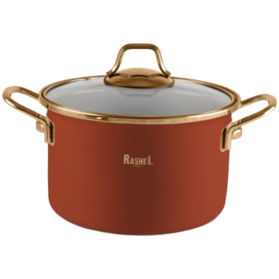 Кастрюля RASHEL R-03318, 3л эмалированная со стекл. кр., ручка золото оранжевый