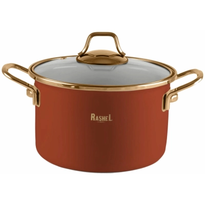 Кастрюля RASHEL R-03320, 4л эмалированная со стекл. кр., ручка золото оранжевый
