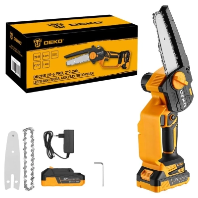 Пила цепная DEKO DKCHS 20-6 Pro (083-2011), 4 и 6, 20В, 2x2.2Ач, 2 шины и 2 цепи