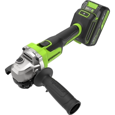 УШМ Greenworks AG590 (3201007CUB) 24V, б/щет, 125мм, 8500об/мин, Anti-Kickback, 1х4Ач, ЗУ, кор