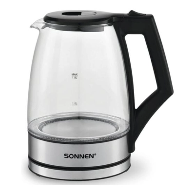 Электрочайник SONNEN KT-1807 (455140) 1,8л, 2200Вт, термостойкое стекло, внутренняя подсветка синяя, нержавеющая сталь