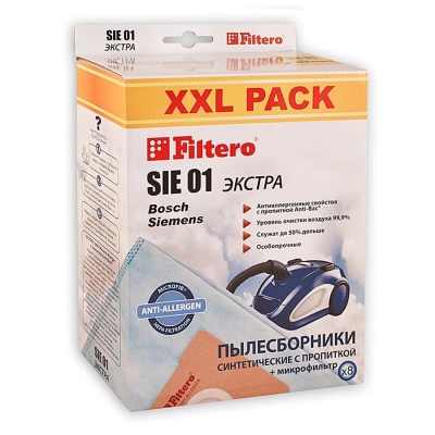 Мешки для пылесоса Filtero SIE 01 (8 штук) XXL PACK, ЭКСТРА Bosch, Siemens, Karcher, Shivaki, Conti, Ufesa