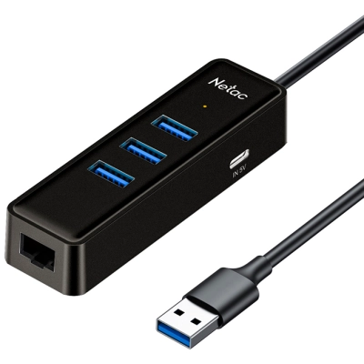 USB-концентратор Netac WF12 (NT08WF12-30BK), USB-A to USB3.0*3+RJ45+TypeC 5V .