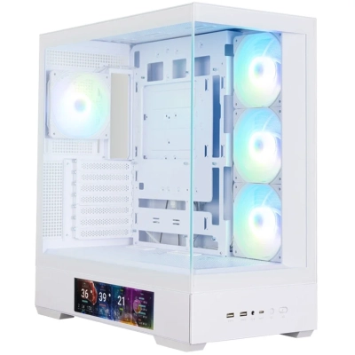 Корпус ZALMAN P40 DS, ATX, White, Window, 9.1-inch LCD screen, 2xCombo(2.5” or 3.5”), 1x2.5”, 1xUSB Type-C, 2xUSB3.0, Side 3x120mm ARGB, Rear 1x120mm