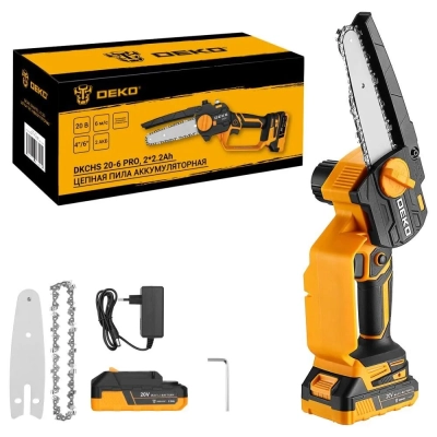 Пила цепная DEKO DKCHS 20-6 Pro (083-2011), 4 и 6, 20В, 2x2.2Ач, 2 шины и 2 цепи