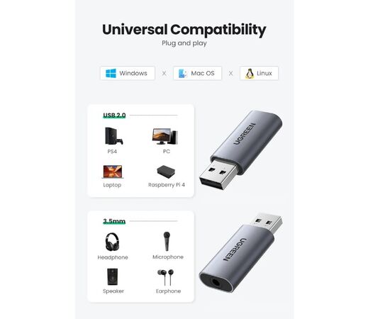  Аудио адаптер UGreen CM383 (80864) USB 2.0 to 3.5mm Audio Adapter серый 