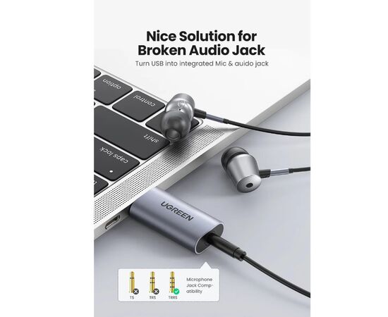  Аудио адаптер UGreen CM383 (80864) USB 2.0 to 3.5mm Audio Adapter серый 