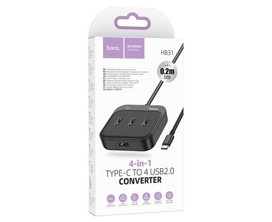  USB HUB разветвитель HOCO HB31 Easy 4 в 1 Type-C (m) - 4xUSB2.0 (f), 20 см, черный 