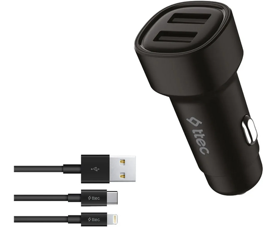  АЗУ TTEC 2CKS31DS SmartCharger Duo 3.1A Car Charger Dual USB + USB-C and Lightning Cable Black 