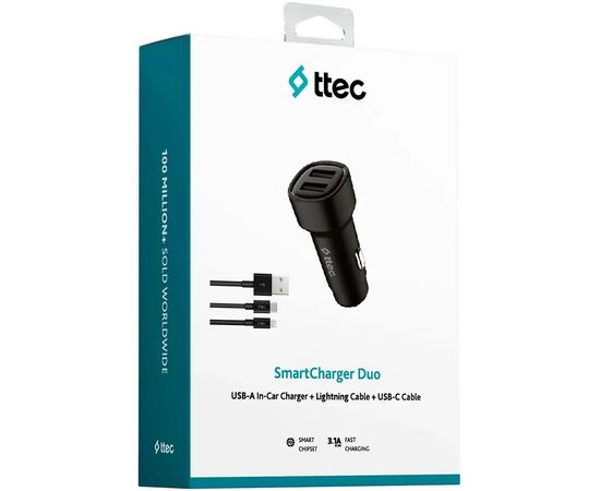 АЗУ TTEC 2CKS31DS SmartCharger Duo 3.1A Car Charger Dual USB + USB-C and Lightning Cable Black 