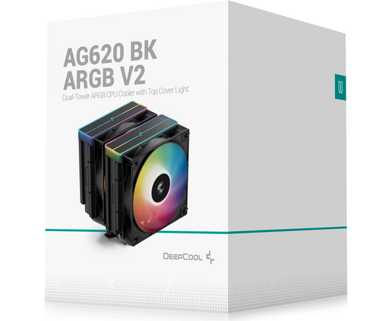  Кулер DEEPCOOL AG620 BK ARGB V2 LGA20XX/1700/1200/115X/AM5/AM4 (TDP 260W, PWM, ARGB Dual Fan 120mm, 6 тепл. трубок, черный) Ret 